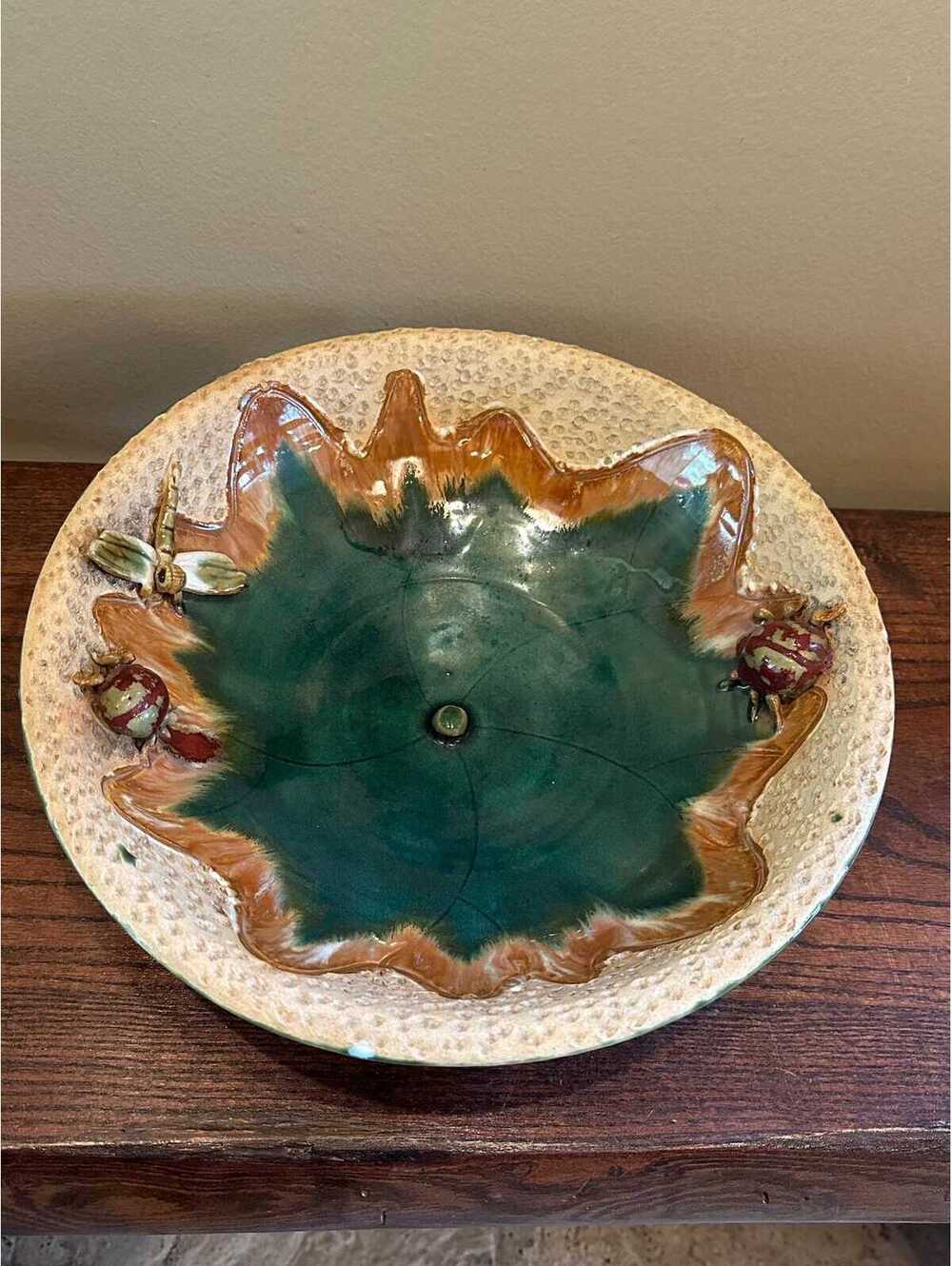 Vintage Majolica Beetle and Dragonfly Pond Life Centerpiece Bowl